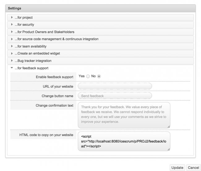 Configure the feedback support
